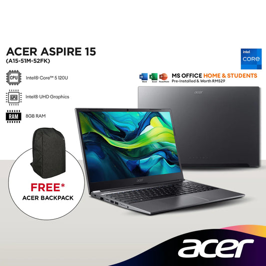 Acer Aspire 15 A15-51M-52FK 15.6" FHD Laptop (Intel® Core™ 5 120U | 8GB | 512GB SSD | Intel® UHD Graphics | H&S | W11)